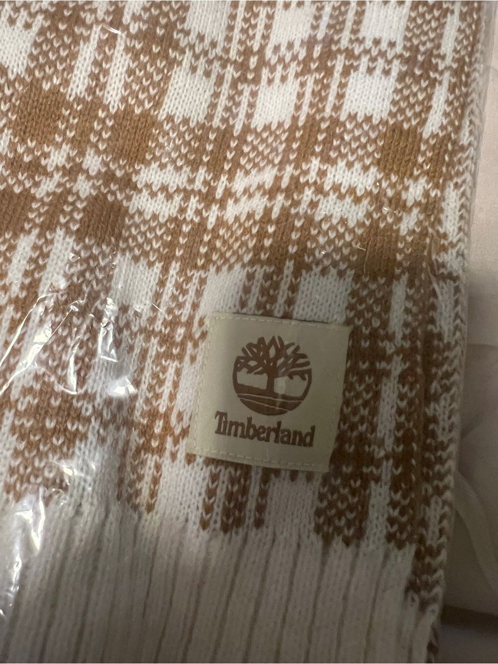Timberland Cream and Tan Plaid Knit Scarf